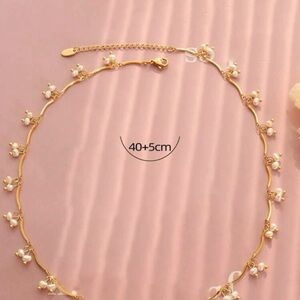 Gold Pearl Flower Station Necklace - Elegant Women’s Necklace